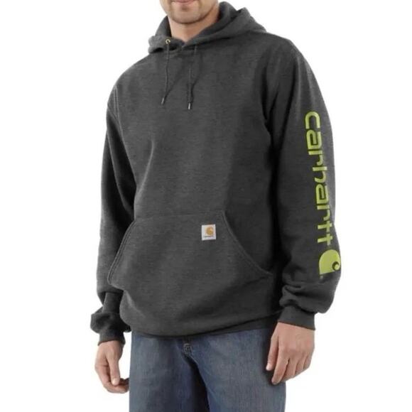 Carharrt Medium Sleeve Graphic Hoodie Heather Gray Pullover Loose Fit - Picture 1 of 5